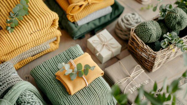 Suéteres de lã tricotados e cestas de vime boho com galhos de eucalipto verde em fundo de madeira
