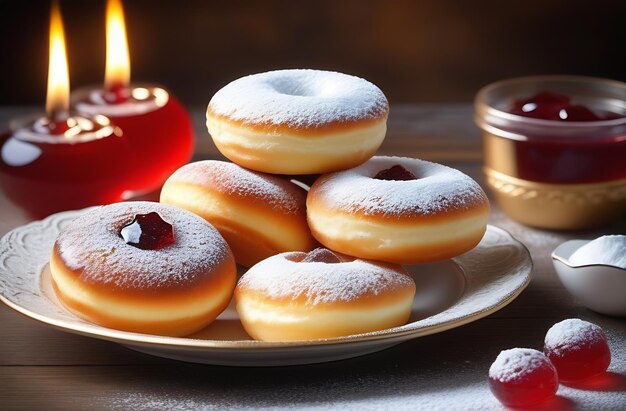 Sufganiyet gebratene Donuts mit Marmelade und Zuckerpulver und Kerzen jüdisches Essen Feiertag Hanukkah Symbol
