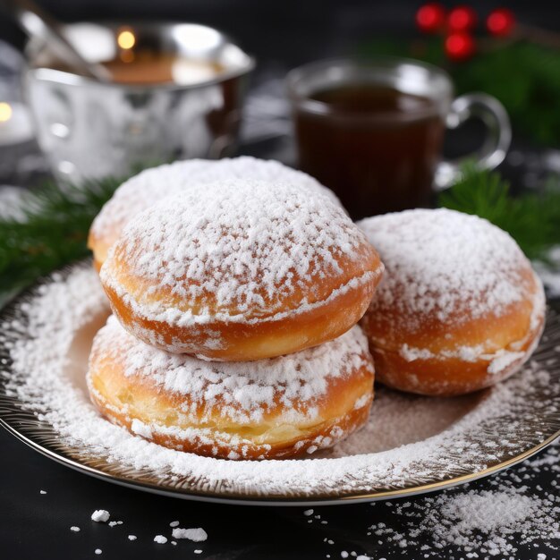 Sufganiyot con azúcar en polvo en un plato blanco