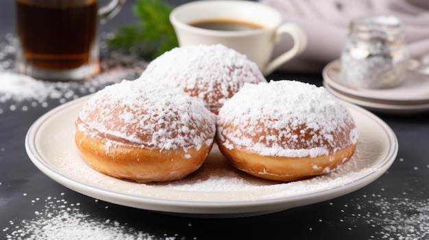 Sufganiyot con azúcar en polvo en un plato blanco