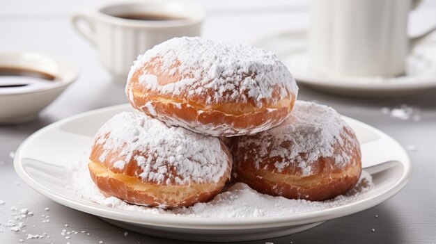 Sufganiyot con azúcar en polvo en un plato blanco