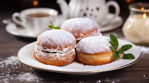 Sufganiyot com açúcar em pó em prato branco