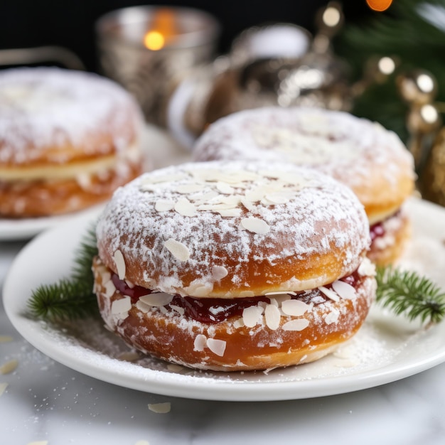 Sufganiyot mit Zuckerpulver auf weißer Platte