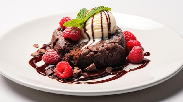 Sufle de chocolate con helado y frambuesas