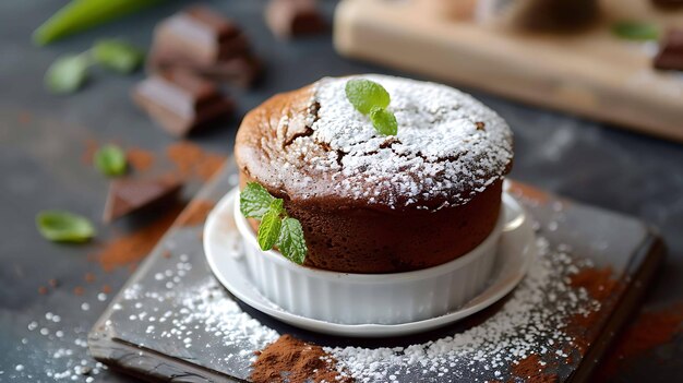 Suflê de chocolate decadente com um pouco de açúcar em pó e um galho de hortelã