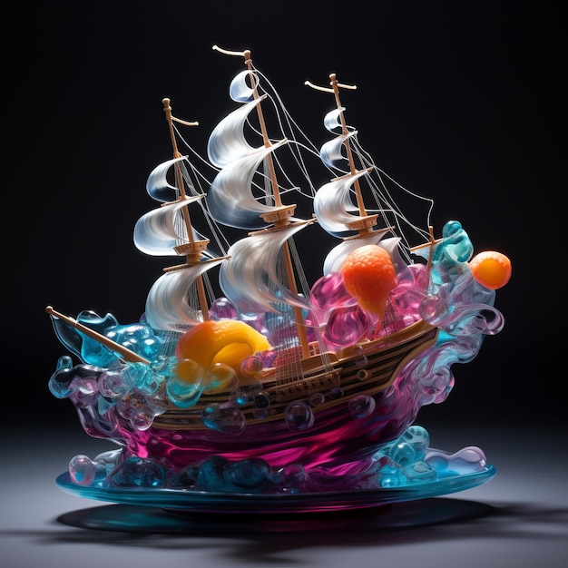 Foto sugar glass delights haciendo un barco pirata de caramelos con colores claros y hojas de resina onduladas en el st.
