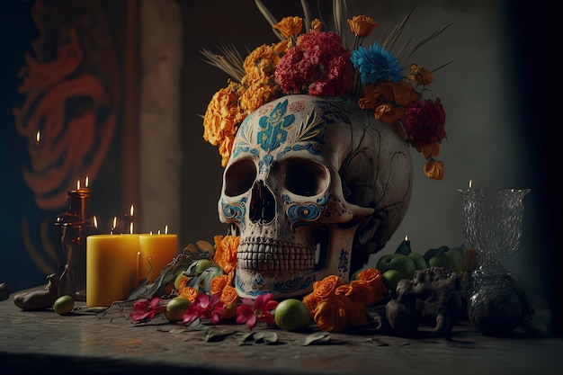 Sugar Skull Calavera para celebrar el Día de los Muertos en México Dia de Los Muertos AIGenerated