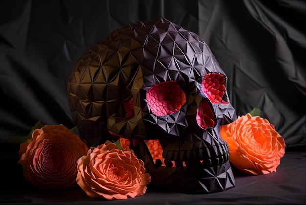 Sugar Skull Calavera para celebrar o Dia dos Mortos no México Dia de Los Muertos coberto de rosas Generative AI