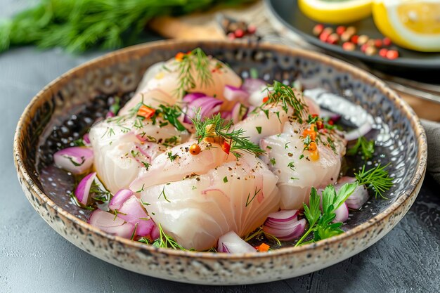 Foto sugudai é um prato dos povos do norte feito de peixe cru gerado pela ia.