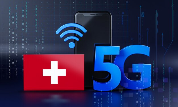 Suíça pronta para o conceito de conexão 5g. fundo de tecnologia de smartphone de renderização 3d