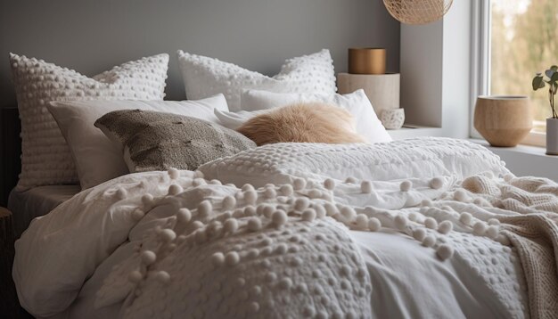 Suite de hotel de luxo moderna com roupa de cama confortável e design elegante gerado por IA