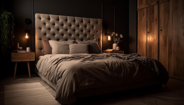 Suíte de hotel moderna e aconchegante com cama de casal confortável e decoração elegante gerada por IA