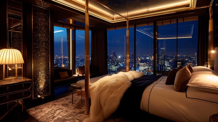 Foto suíte de hotel romântica com cama de quatro andares com vista para a cidade