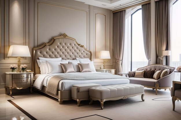 Foto suíte de quarto clássica e moderna de luxo no hotel