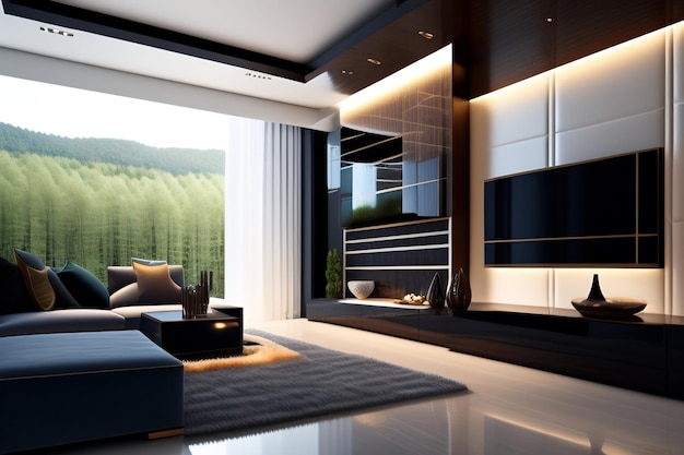 Suíte de quarto de luxo de renderização 3D em hotel com iluminação agradável e móveis dourados