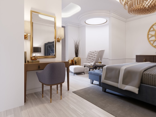 Suite de diseño moderno con muebles elegantes y baño y dormitorio abiertos. Representación 3D.