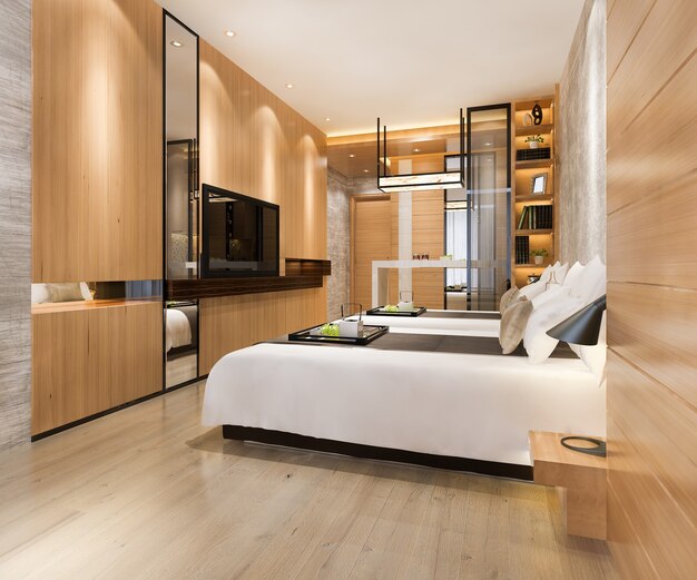 Suite de dormitorio de lujo de renderizado 3D en hotel resort con cama individual