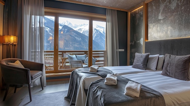 Esta suite del hotel cuenta con un balcón privado y vistas a las montañas esplendor de lujo aire fresco naturaleza paisaje de vacaciones en lo alto de las montañas concepto de imagen publicitaria para hoteles generado por IA