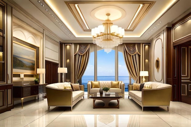 Suite de salón de lujo en un hotel con vista al mar en el fondo