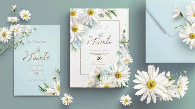 Una suite de tarjetas de invitación de boda con una plantilla de flor de margarita