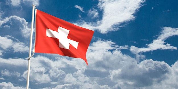 Suiza bandera país nacional cielo azul nublado fondo copia espacio símbolo decoración ue unión europea gobierno negocio financiero banca riqueza inversión préstamo deuda bancarrota 3d render