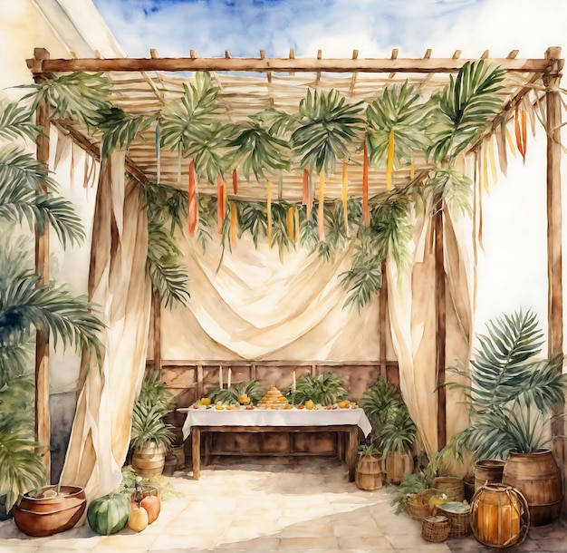 Foto sukkah judaica com folhas de palmeira e decorações de papel ilustração de aquarela para o feriado de sukkot