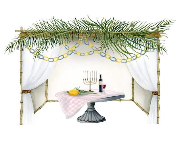 Sukkah mit Palmenblattdekorationen Jüdische Sukkot-Symbole Menorah lulav auf Tisch Illustration