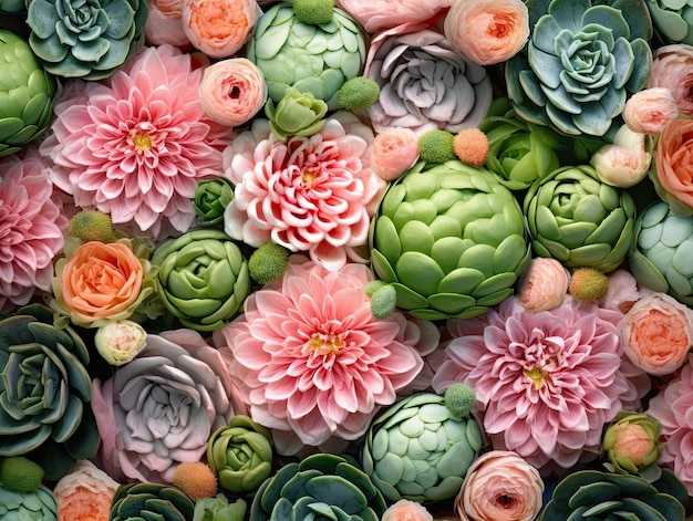 Sukkulenten mit pastellrosa Blüten Blumenarrangement-Hintergrund Generative KI