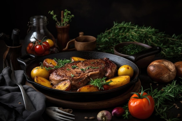 Sukkulentes gegrilltes Steak mit Kartoffeln und frischem Gemüse generativ IA