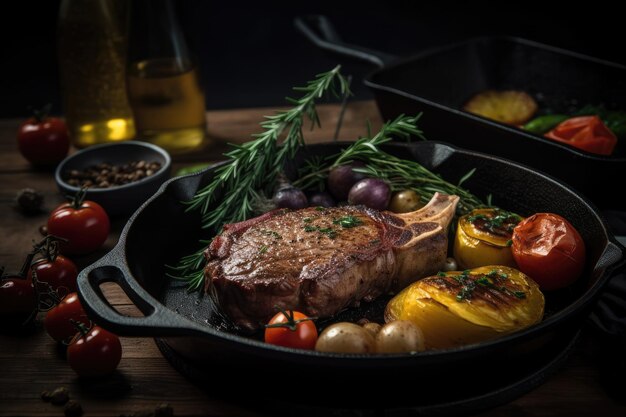 Sukkulentes gegrilltes Steak mit Kartoffeln und frischem Gemüse generativ IA