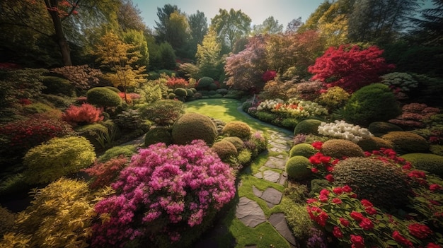 Sumérgete en la belleza de la naturaleza con un paseo por un magnífico jardín en plena floración Maravíllate con los delicados pétalos de las flores en flor Generado por IA