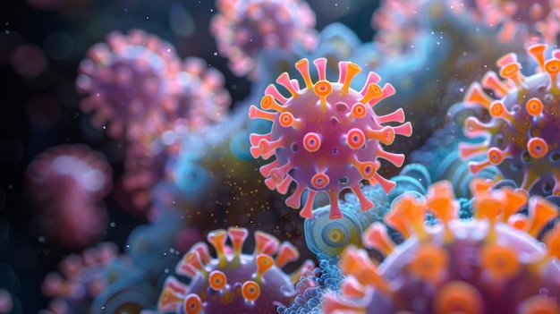 Foto sumérgete en el mundo macroscópico donde los virus y microorganismos imitan esporas y filamentos mezclando arte con microbiología ia generativa