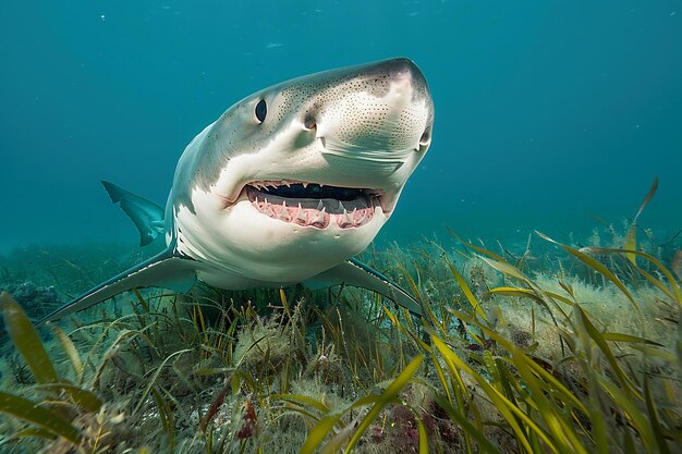 Sumérgete en las profundidades de las aguas azules claras donde tomas una foto submarina de grandes tiburones blancos