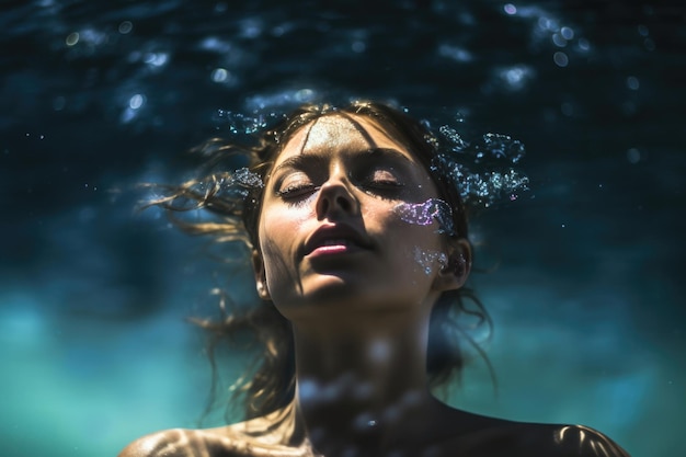 Foto sumergida en la tranquilidad líquida, el retrato de una mujer bajo la superficie del agua captura la esencia de la serenidad acuática, enfatizando su conexión con el océano, la profunda calma.