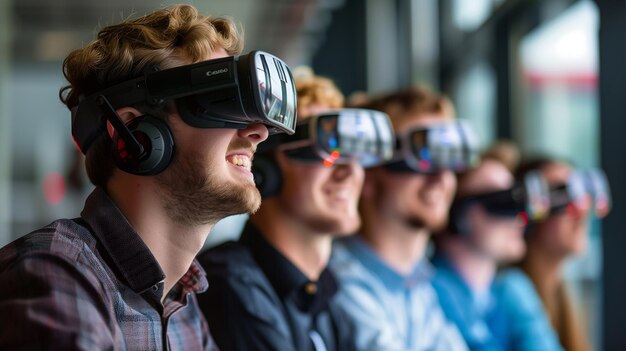 Sumergido en una sala de juntas digital, un asistente que lleva un auricular de realidad virtual contribuye activamente a una reunión virtual.