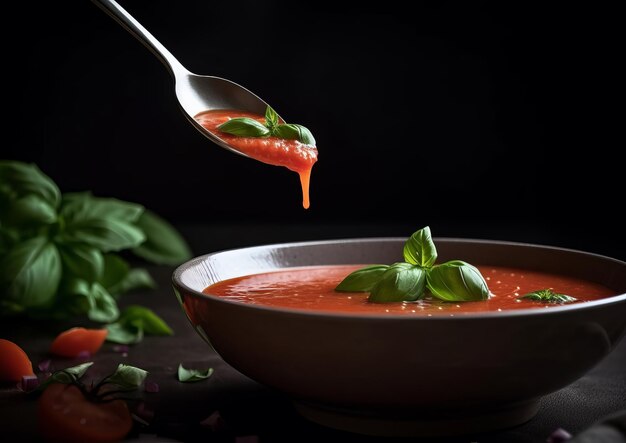 sumergiendo una cuchara en un bol de gazpacho con una ramita de albahaca fresca al lado