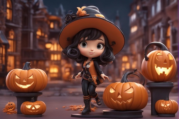 sumergirse en la ciudad de Halloween con una chica de dibujos animados en 3D y su compañero de calabaza