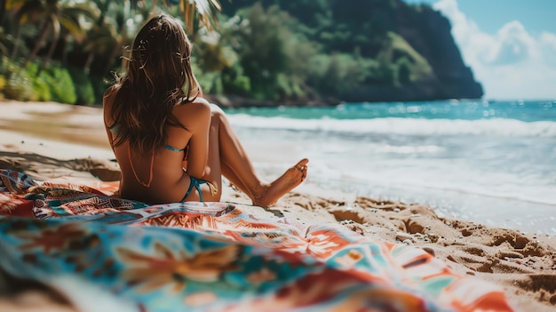 Foto sumergirse en el sol y relajarse en la playa con esta hermosa mujer la imagen perfecta para las vacaciones de verano y los viajes