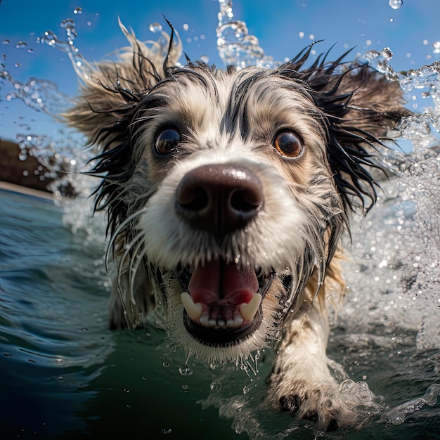 Sumérjase en la risa con una caricatura humorística de un perro nadando bajo el agua que cobra vida a través de la IA generativa