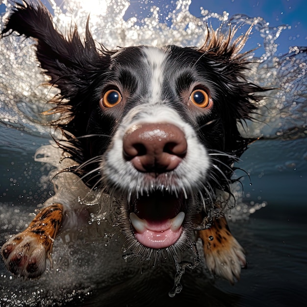 Sumérjase en la risa con una caricatura humorística de un perro nadando bajo el agua que cobra vida a través de la IA generativa