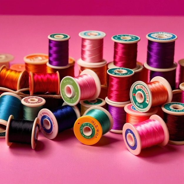 Foto suministros de costura y sastrería con bobinas y botones de hilos de colores