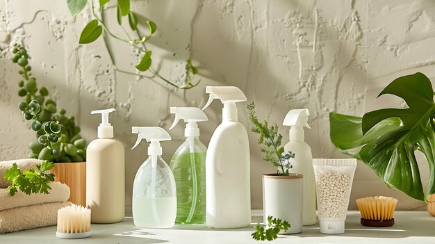 Suministros de limpieza blancos y verdes con plantas de interior en una mesa blanca contra un fondo texturizado El concepto de productos de limpiación ecológicos