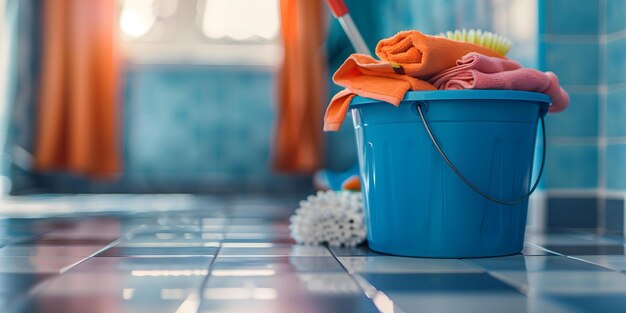 Foto suministros de limpieza en cubo en el fondo del baño de piso azulejado concepto suministros para la limpieza cubo de suelo azulejado del baño de fondo esenciales para el hogar