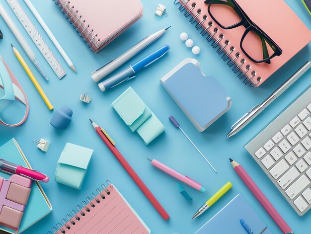 Los suministros de oficina azules en el escritorio rosa están en el piso de la escuela.
