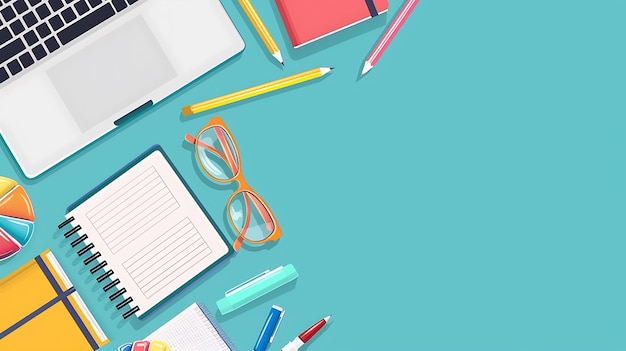 Suministros de oficina en un escritorio papel en blanco portátil bolígrafos y lápices de colores un cuaderno
