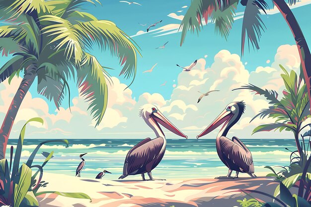 Foto summer beach with a background of coconut trees and seabirds