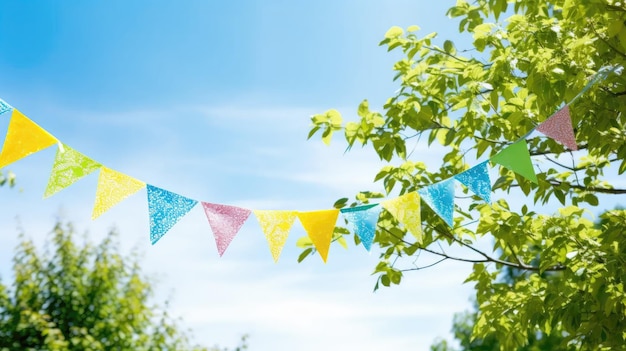 Summer Bliss Eleva su evento con nuestra colorida cuerda de banderas colgando en medio del exuberante follaje verde de los árboles contra un cielo azul vívido