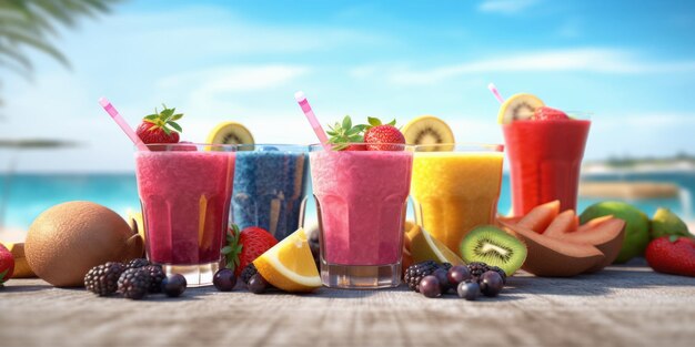 Summer Fruits Juiceson Tropical Beach Background Bebida saudável rica em vitaminas Generative Ai