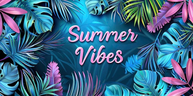 Summer Vibes Web Banner com palmeiras e folhas tropicais evocando a essência do verão