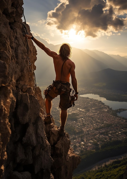 Summit Conqueror Um alpinista destemido subindo o penhasco da montanha rochosa Generative Ai